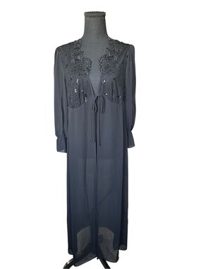 California Dynasty Sheer Embroidered Duster Maxi Robe Goth Boho Romantic S U432